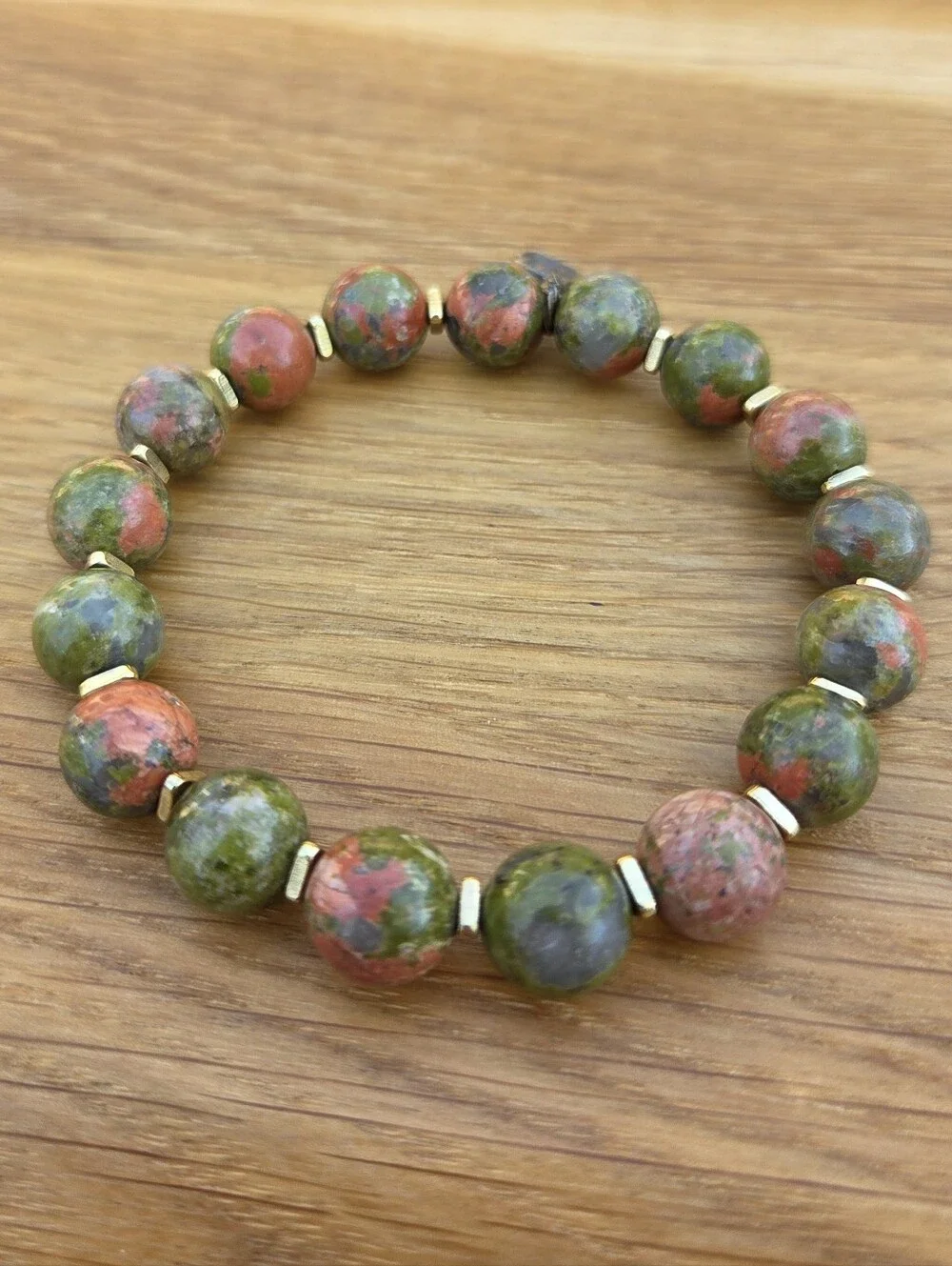 Green & Pink Unakite Beads Stretch Bracelet - Handcrafted